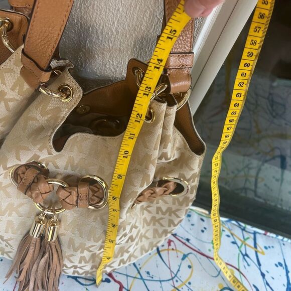 Michael Kors Logo Hobo Tote Shoulder Bag –Braided Grommet Handle Beige Canvas - Picture 5 of 13